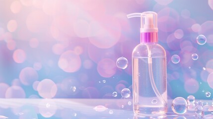 Transparent empty glass bottle with head pump on pastel blue pink gradient modern background bubbles. Front view, blank clean cosmetic beauty product packaging, copyspace for text, advertising mock up