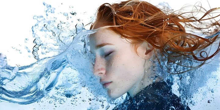 A redhaired woman submerged in water gasping for air and struggling. Concept Portrait Photography, Water Manipulation, Struggle and Strength, Emotional Expressions, Aquatic Concept