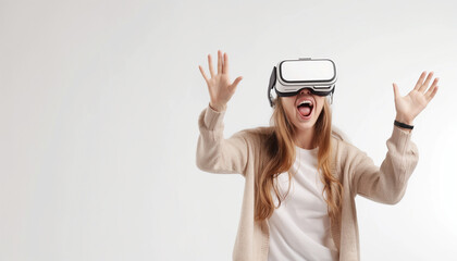 Young woman wearing virtual reality goggles headset, vr box. Connection, technology, new generation and progress concept. Studio shot on gray