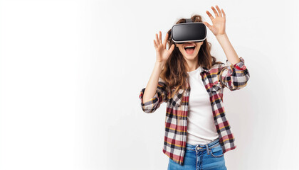Young woman wearing virtual reality goggles headset, vr box. Connection, technology, new generation and progress concept. Studio shot on gray