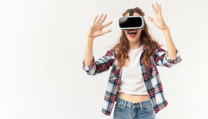 Young woman wearing virtual reality goggles headset, vr box. Connection, technology, new generation and progress concept. Studio shot on gray