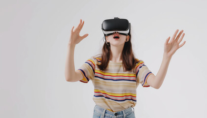 Young woman wearing virtual reality goggles headset, vr box. Connection, technology, new generation and progress concept. Studio shot on gray