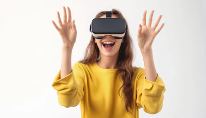 Young woman wearing virtual reality goggles headset, vr box. Connection, technology, new generation and progress concept. Studio shot on gray