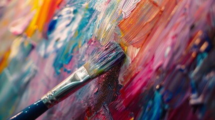 Art fair, close-up of artist's brush on canvas, creative expression in action.
