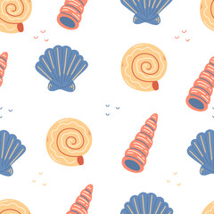 Seamless pattern with cute cartoon seashells on a white background. illustration background.