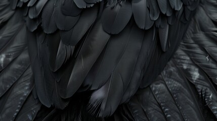 Obraz premium Closeup, black and feathers background. Ai generated, feather and bird plumage for creative banner, texture or detail space for angel faith.