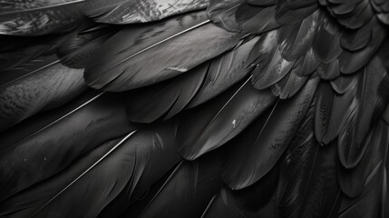 Obraz premium Closeup, black and feathers background. Ai generated, feather and bird plumage for creative banner, texture or detail space for angel faith.