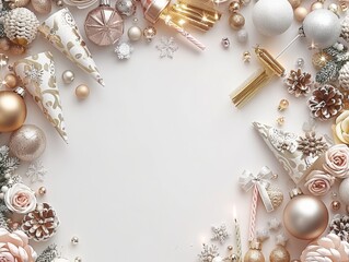 Fototapeta premium Elegant Christmas Holiday Frame with White, Gold, and Rose Gold Ornaments - Perfect Festive Background for Holiday Greetings