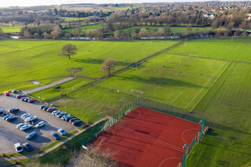 Aerial photo of the town centre of Wetherby in West Yorkshire in the UK, showing soccer football...