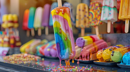 A dripping popsicle with a rainbow swirl design, leaning against a popsicle stand with various other flavors in the background.