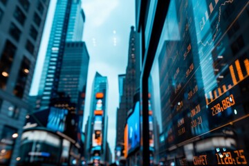 Blurred cityscape background reflecting a stock market chart display, signifying financial districts and economies