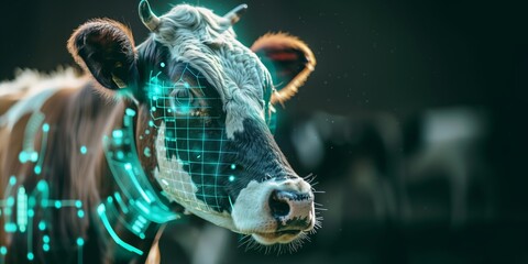 A cow with digital interface elements suggesting advanced biometric monitoring