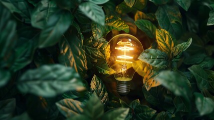 Eco friendly lightbulb from fresh leaves top vie, concept of Renewable Energy and Sustainable Living.