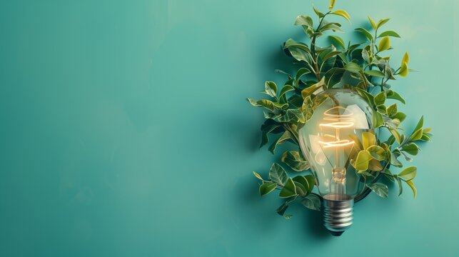 Eco friendly lightbulb from fresh leaves top vie, concept of Renewable Energy and Sustainable Living.