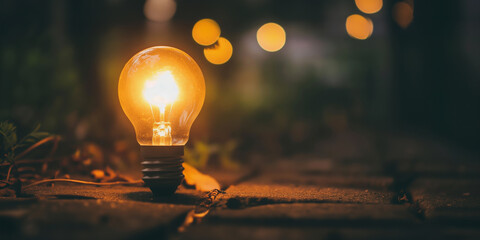 A luminescent light bulb provides a warm glow along a darkened path, evoking thoughts of guidance and creativity