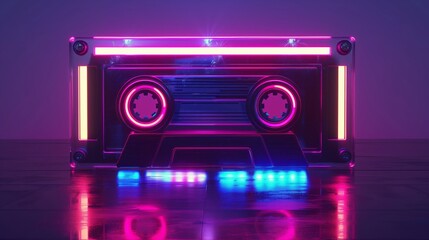 Fototapeta premium Neon cassette. Nostalgia of the 90s. Audio cassette for listening to music.