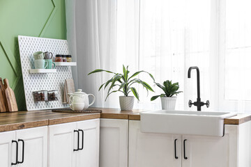 Pegboard, houseplants and sink in kitchen near window