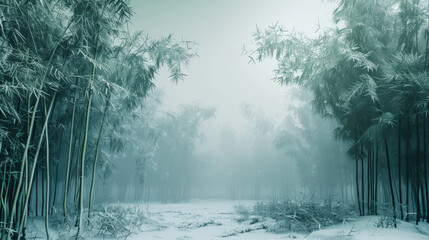 Snowcovered bamboo forest with bench, suitable for winterthemed designs, Christmas greeting cards, holiday website banners, and seasonal social media posts.