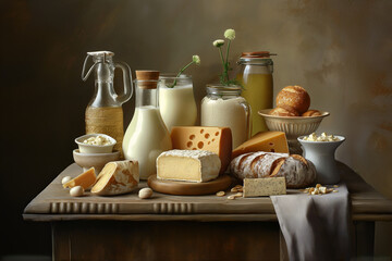 dairy still life: cheeses, milk, sauce, wine, bread, honey and flowers