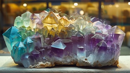 Fluorite Fantasy: Marvel at the rainbow of colors and translucent texture of fluorite, ranging from clear and purple to green, blue, and yellow, often featuring intricate banding