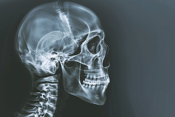 Detailed X-Ray Image of Human Skull and Cervical Spine on Black Background, Medical Radiology, Anatomy Study