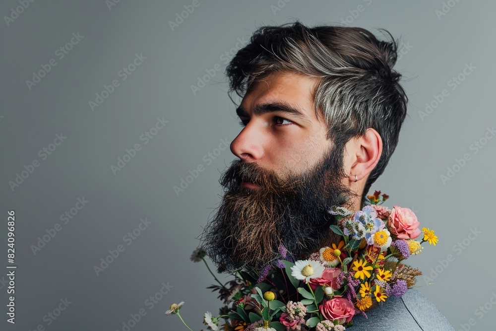 Sticker A man with a beard decorated with flowers isolated on grey background, studio shot, with copy space