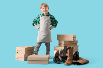 Cute little cobbler with shoes on blue background