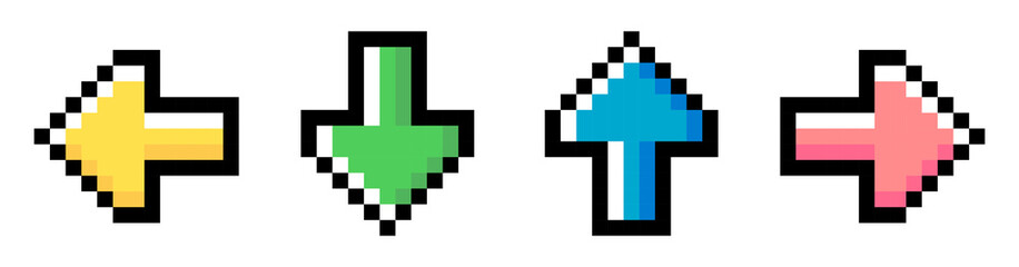 Pixel art set with four cute multicolored arrows turned in different directions isolated on a white background. 8bit pixel illustration