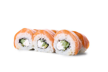 Tasty sushi rolls on white background