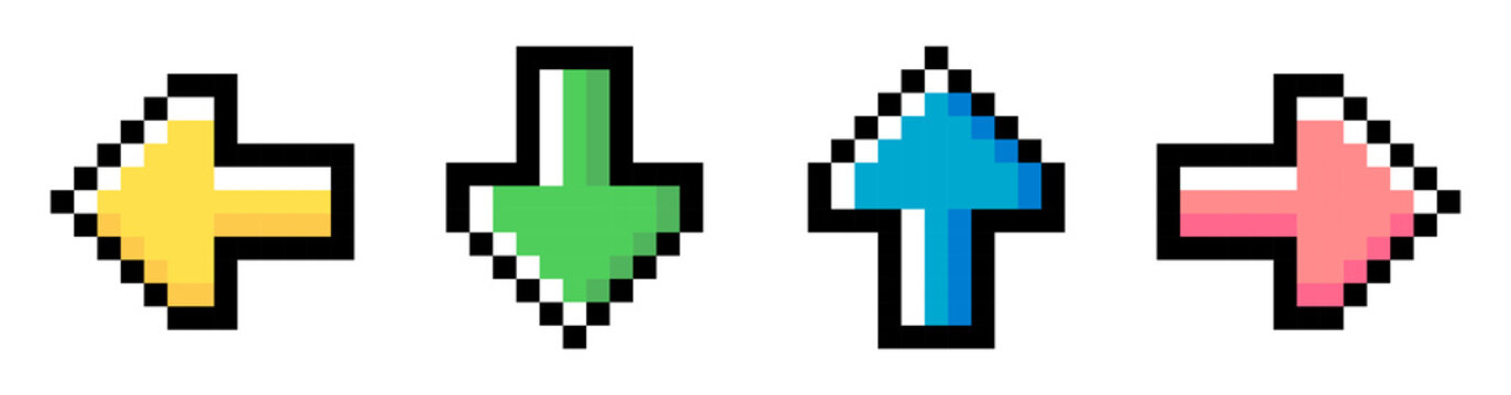Pixel art set with four cute multicolored arrows turned in different directions isolated on a white background. 8bit pixel illustration