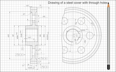 Vector technical drawing in pencil
on checkered notebook paper. A sketch of steel mechanical
part with through holes and dimensional lines.
Background with engineering cad scheme with grid.