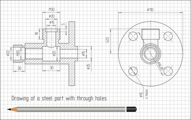 Vector technical drawing in pencil
on checkered notebook paper. A sketch of steel mechanical
part with through holes and dimensional lines.
Background with engineering cad scheme with grid.