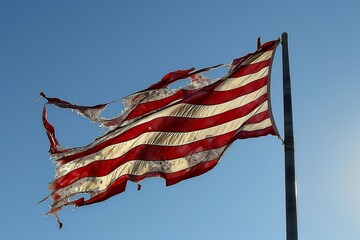 A large American flag billowing elegantly against a clear blue sky.