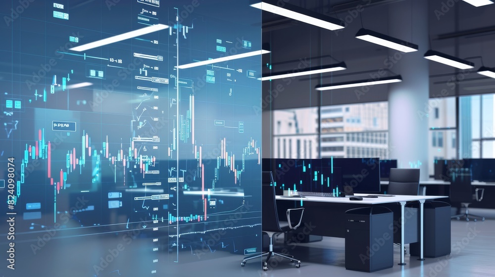 Aufkleber A visualization in which stock charts and charts are displayed on transparent glass panels in a modern analysts' office, emphasizing the transparency and accessibility of financial information --ar 16