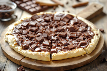 A homemade chocolate pizza made with rich, velvety chocolate on a rustic wooden board.