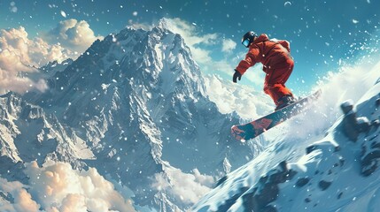 Describe a snowboarder performing an impressive trick in midair against a backdrop of snowy mountains, Close up