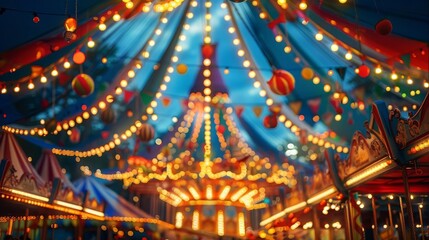 Describe a vibrant circus tent, filled with colorful lights and decorations, set up in the middle of a bustling fairground, Close up