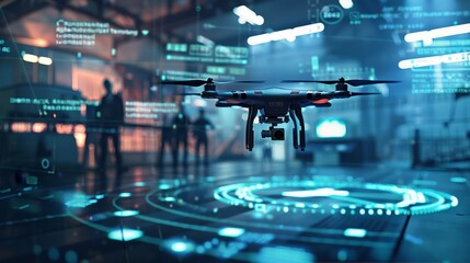 A drone taking off from a landing pad at a remote operation center with a group of operators visible in the background.