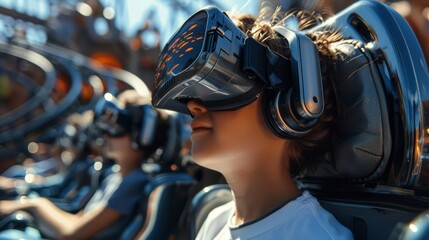 Describe a virtual reality roller coaster, where riders wear VR headsets and experience fantastical worlds and creatures as they ride, Close up