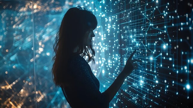  A woman works with a digital panel in a high-tech laboratory, surrounded by data and graphs.. The image shows a young woman wearing glasses, wearing a white shirt, working with a large digital panel 