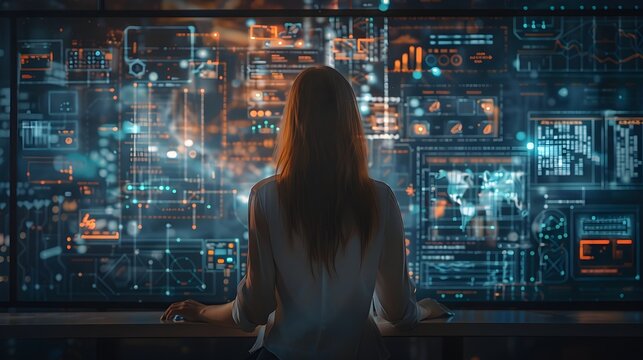  A woman works with a digital panel in a high-tech laboratory, surrounded by data and graphs.. The image shows a young woman wearing glasses, wearing a white shirt, working with a large digital panel 