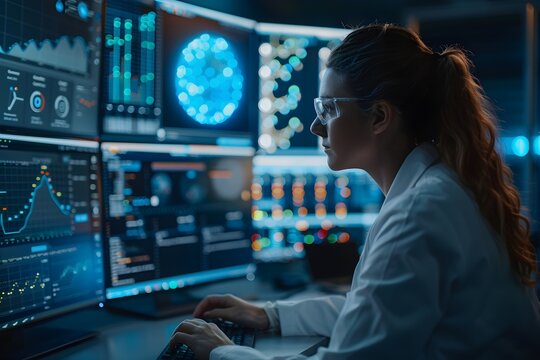  A woman works with a digital panel in a high-tech laboratory, surrounded by data and graphs.. The image shows a young woman wearing glasses, wearing a white shirt, working with a large digital panel 