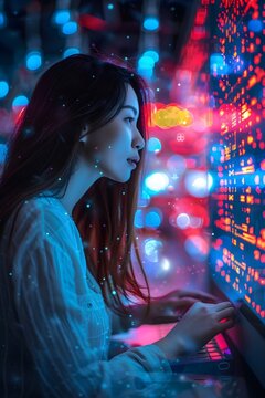  A woman works with a digital panel in a high-tech laboratory, surrounded by data and graphs.. The image shows a young woman wearing glasses, wearing a white shirt, working with a large digital panel 