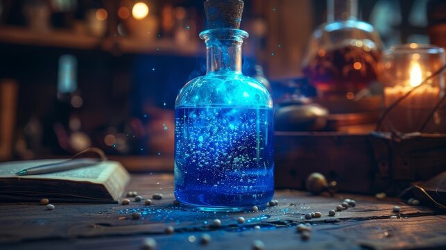 Describe an alchemist successfully creating an elixir of life, with the potion glowing brightly in a glass vial, Close up