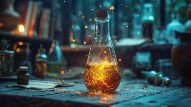 Describe an alchemist successfully creating an elixir of life, with the potion glowing brightly in a glass vial, Close up