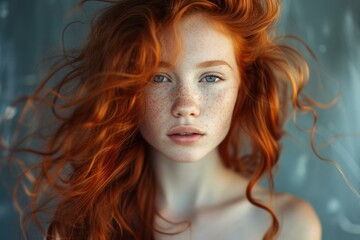 Portrait of a woman with vibrant red hair and freckles exuding a dreamy, ethereal charm