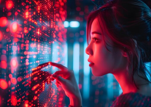  A woman works with a digital panel in a high-tech laboratory, surrounded by data and graphs.. The image shows a young woman wearing glasses, wearing a white shirt, working with a large digital panel 