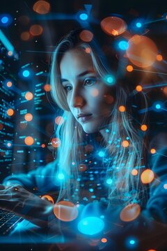  A woman works with a digital panel in a high-tech laboratory, surrounded by data and graphs.. The image shows a young woman wearing glasses, wearing a white shirt, working with a large digital panel 