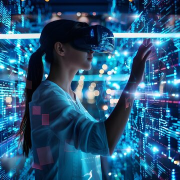  A woman works with a digital panel in a high-tech laboratory, surrounded by data and graphs.. The image shows a young woman wearing glasses, wearing a white shirt, working with a large digital panel 