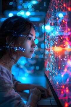  A woman works with a digital panel in a high-tech laboratory, surrounded by data and graphs.. The image shows a young woman wearing glasses, wearing a white shirt, working with a large digital panel 
